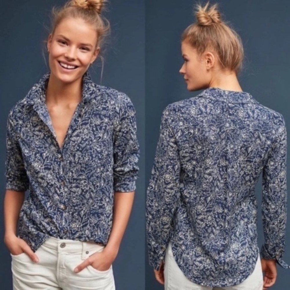 Anthropologie Blue Floral Button Down Shirt